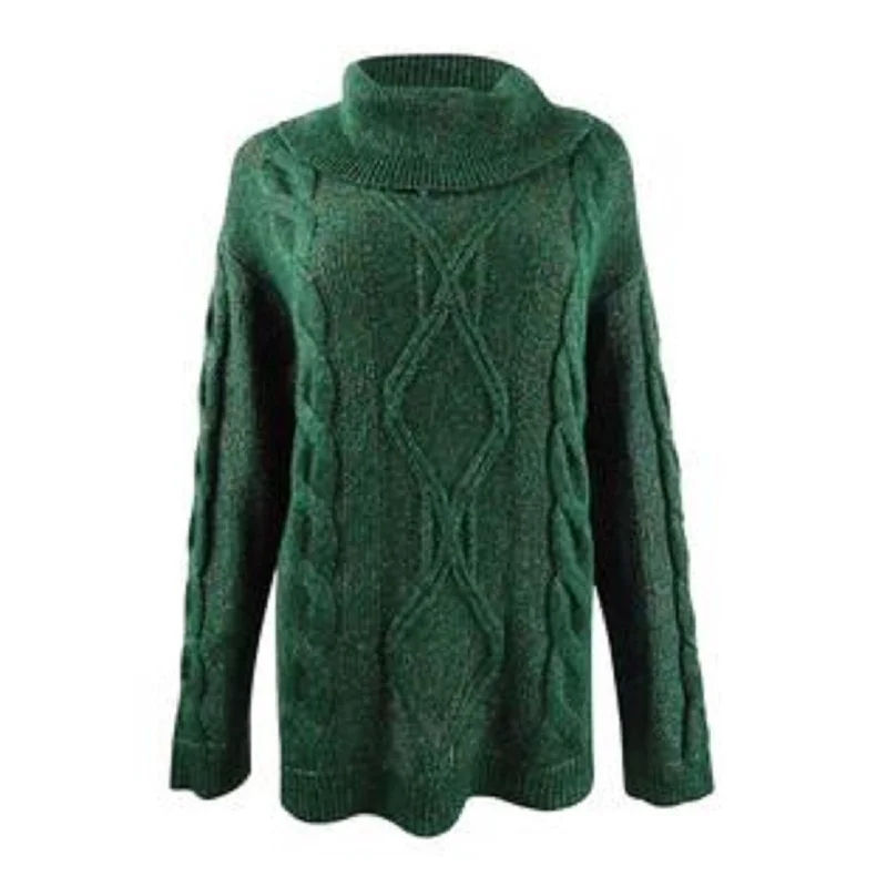 Charter Club Women's Cowl-Neck Cable-Knit Glitter Sweater Dark Green Size Extra Large - X-Large