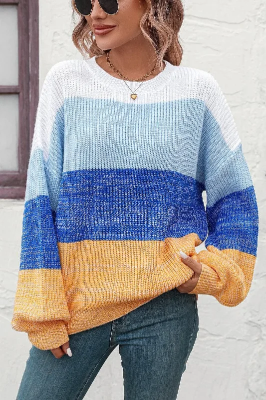 WOMEN RIBBED CREW NECK COLOR BLOCK SWEATER