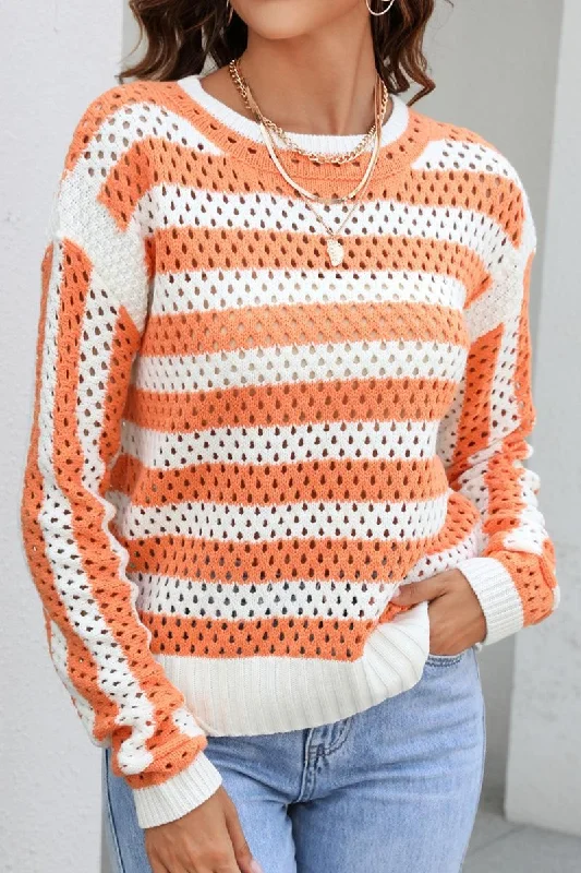 STRIPED COLOR BLOCK CREW NECK HOLLOW KNIT SWEATER