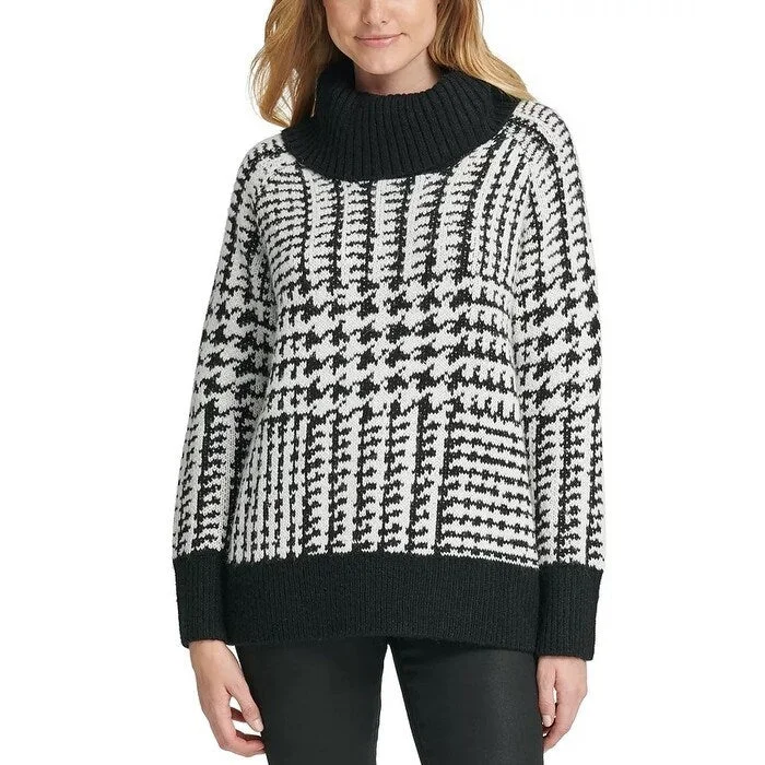 DKNY Women's Houndstooth Print Cowl Neck Sweater Grey Size Large