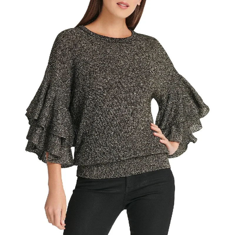 DKNY Women's Metallic Ruffle-Sleeve Sweater Gray Size Large