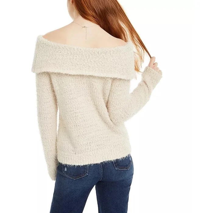 Freshman Juniors' Off-The-Shoulder Fuzzy Sweater Beige Size Extra Small