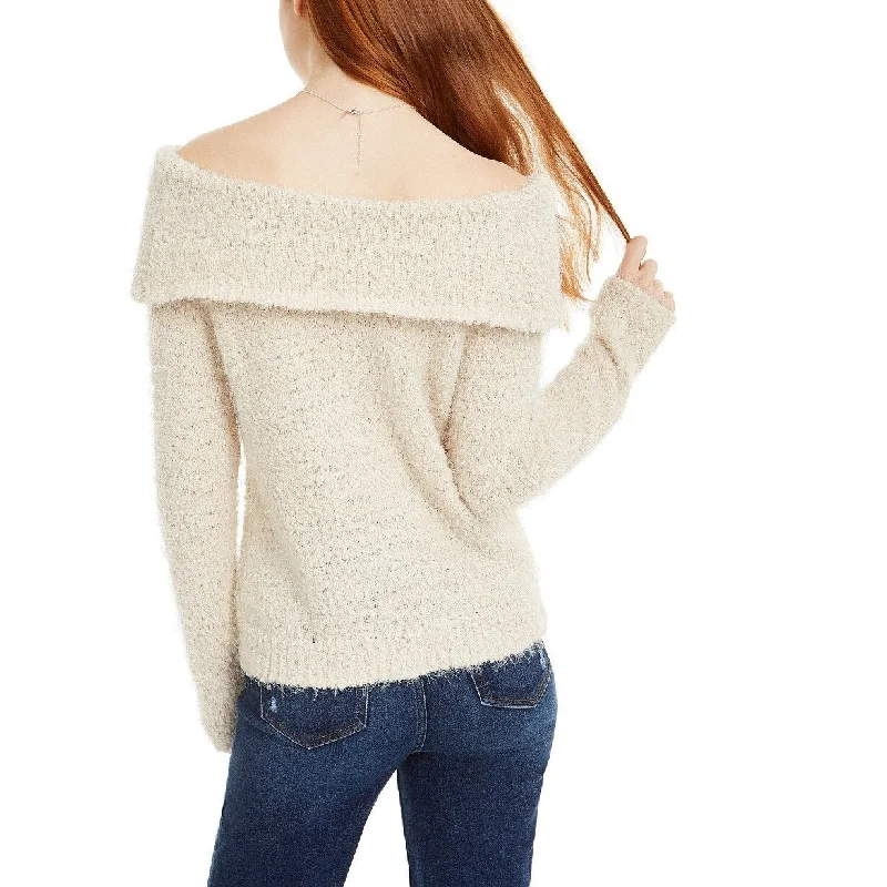 Freshman Juniors' Off-The-Shoulder Fuzzy Sweater Beige Size Large