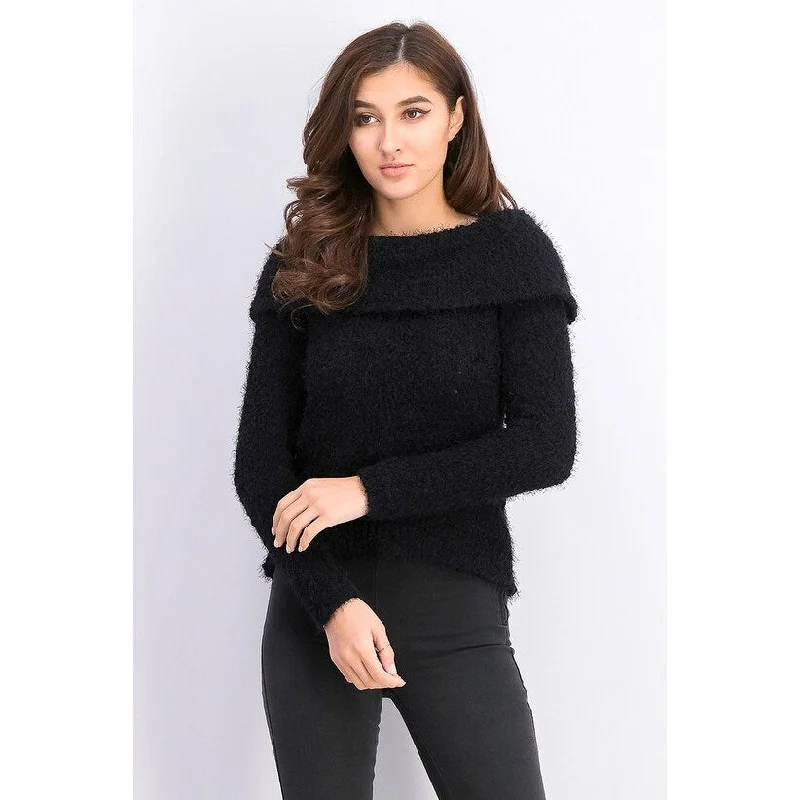 Freshman Juniors' Off-The-Shoulder Fuzzy Sweater Black Size XL - X-Large