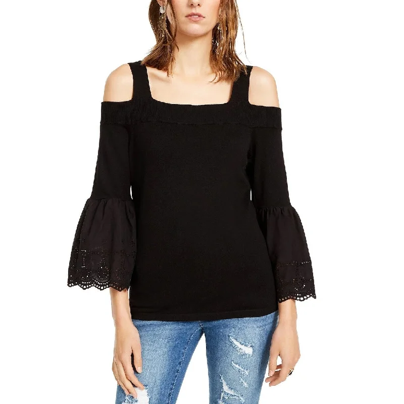 INC International Concepts Concepts Women's Eyelet-Sleeve Cold-Shoulder Sweater Black Size Large