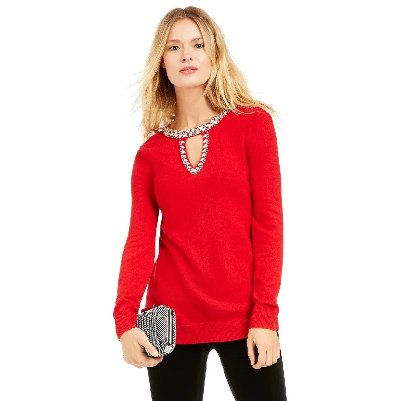 INC International Concepts Women's Embellished Keyhole Sweater Red Size X-Large