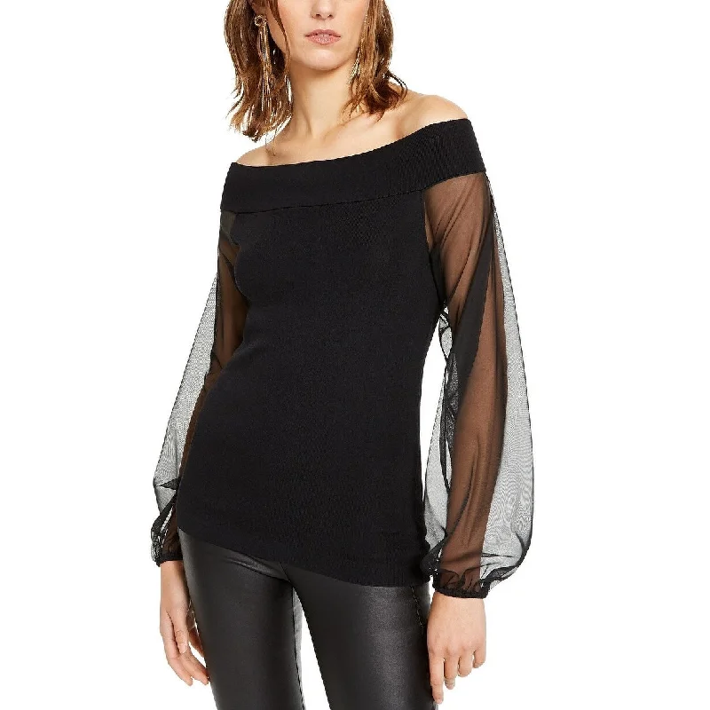 INC International Concepts Women's Off-The-Shoulder Sheer-Sleeve Sweater Black Size Extra Small