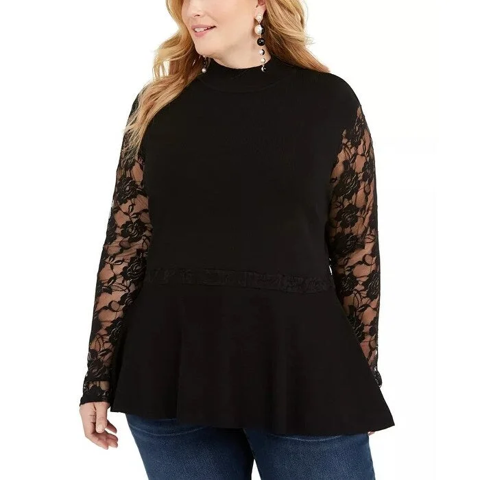 INC International Concepts Women's Plus Lace Peplum Sweater Black Size 4X