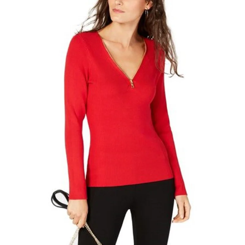 INC International Concepts Women's Zipper Embellished Sweater Red Size Large