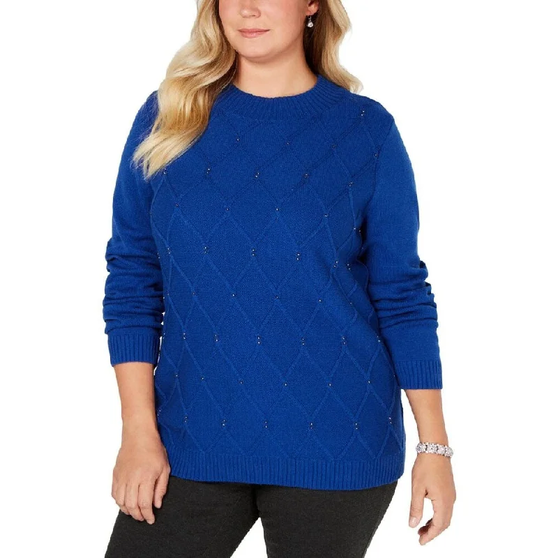 Karen Scott Women's Beaded Cable Mock Neck Sweater Bright Blue Size Extra Large - X-Large