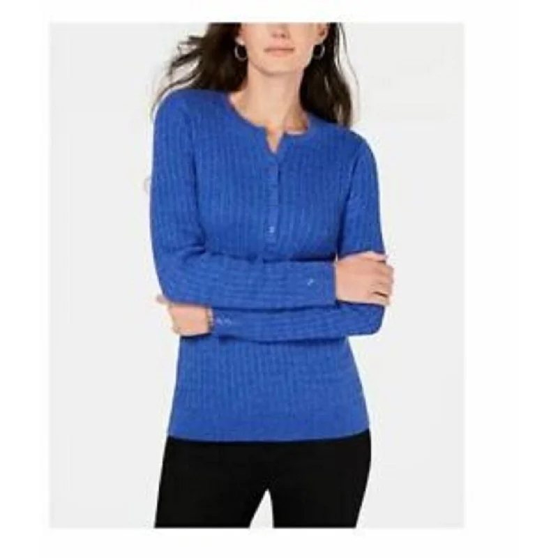 Karen Scott Women's Cable-Knit Henley Sweater Blue Size Large