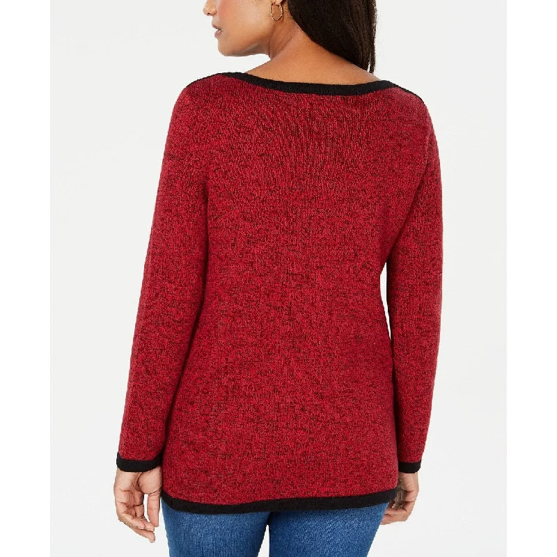 Karen Scott Women's Cotton Contrast Trim Sweater Bright Red Size Medium