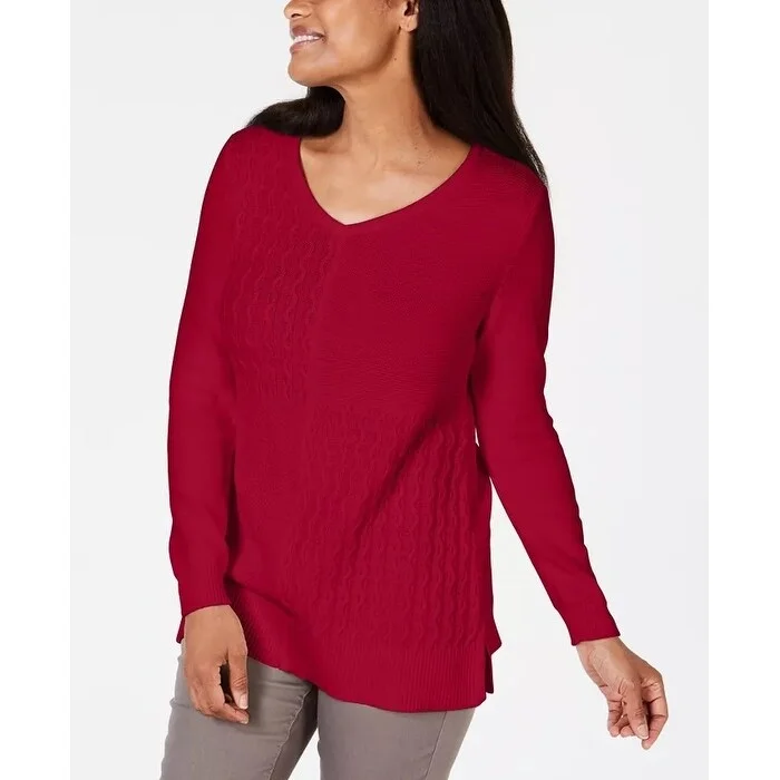 Karen Scott Women's Cotton Mixed-Stitch Sweater Bright Red Size Extra Large - X-Large