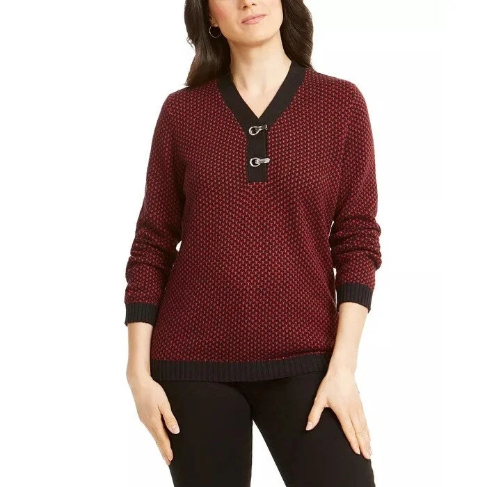 Karen Scott Women's Cotton Two Tone Henley Sweater Red Size PS - Petite Small