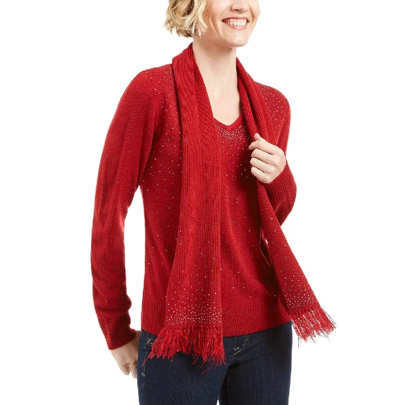 Karen Scott Women's Embellished Scarf Sweater Red Size X-Large - XL