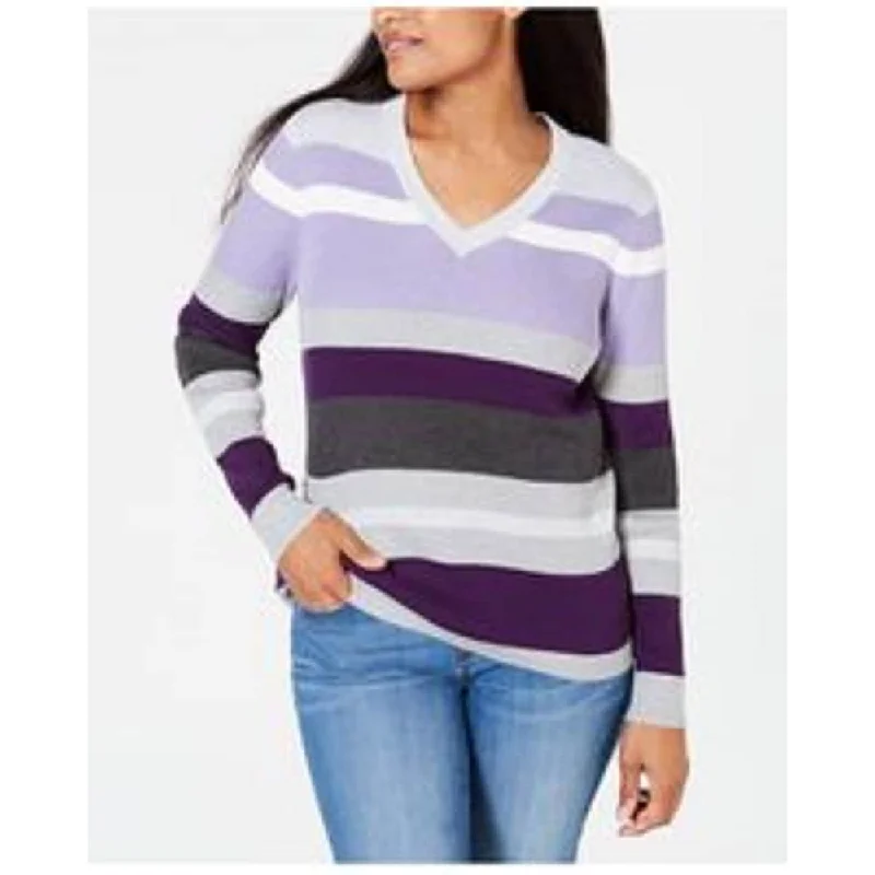 Karen Scott Women's Emma Cotton Striped Sweater Purple Size PXL - Petite-XL