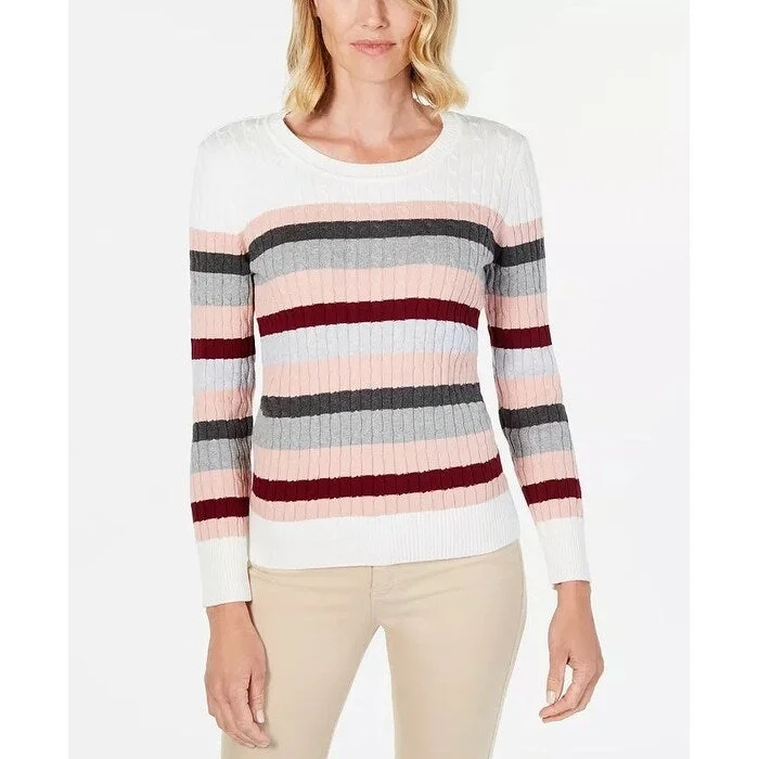 Karen Scott Women's Holly Striped Cotton Cable Sweater Red Size Small