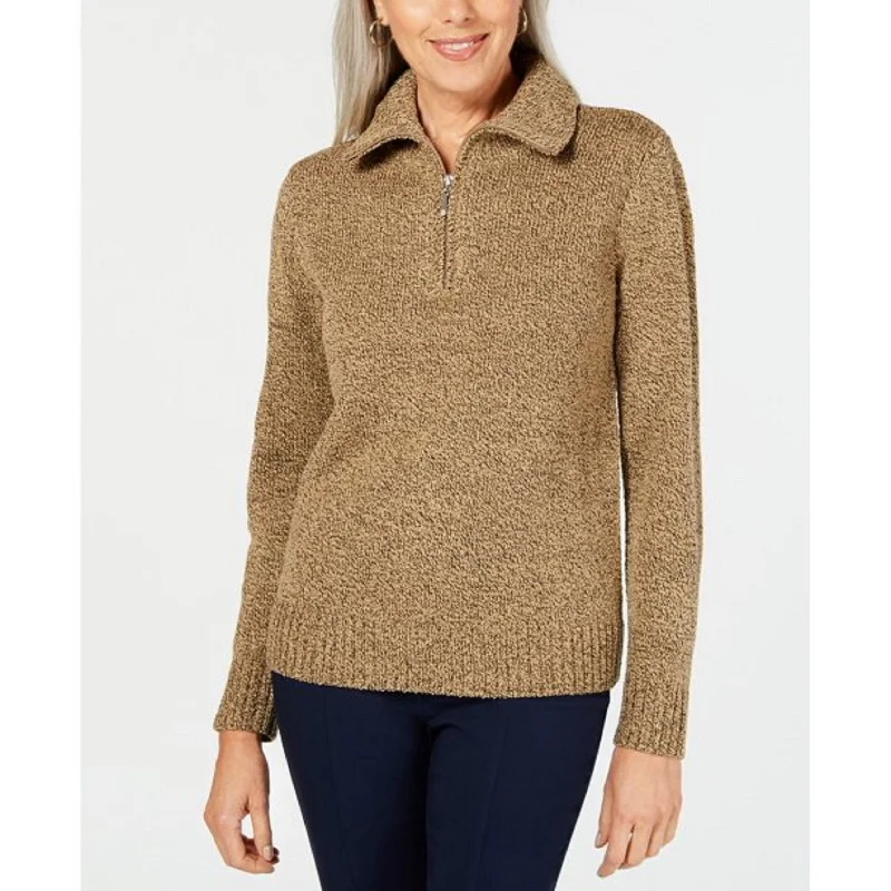 Karen Scott Women's Marled-Knit Quarter-Zip Sweater Brown Size XL