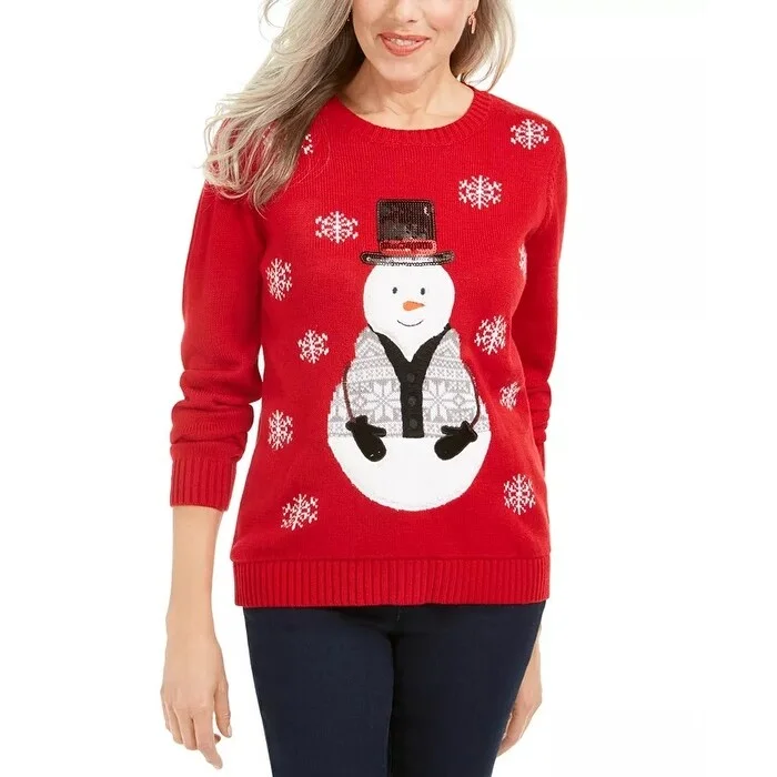 Karen Scott Women's Sequined Snowman Holiday Sweater Bright Red Size Medium