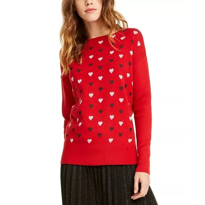 Maison Jules Women's Heart Print Sweater Red Size Medium