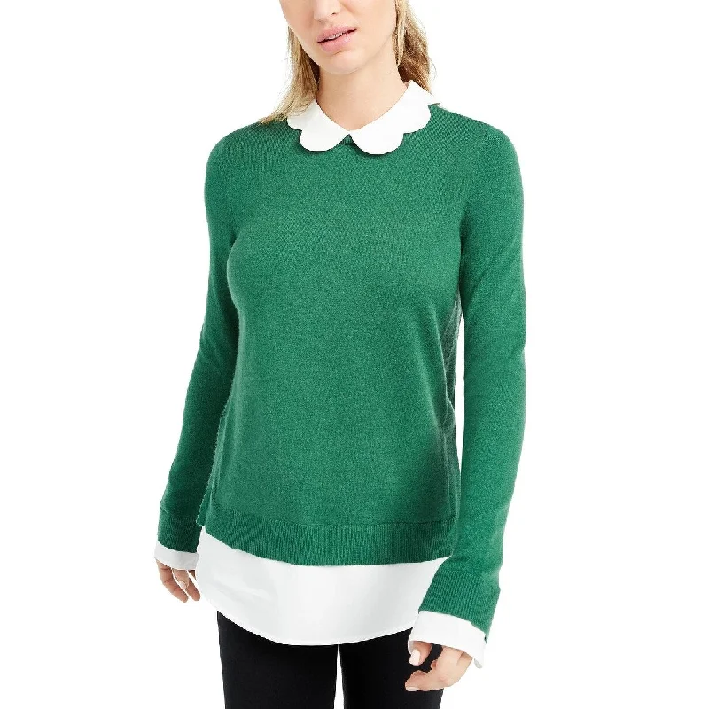 Maison Jules Women's Scalloped-Neck Layered-Look Sweater Green Size M - Medium