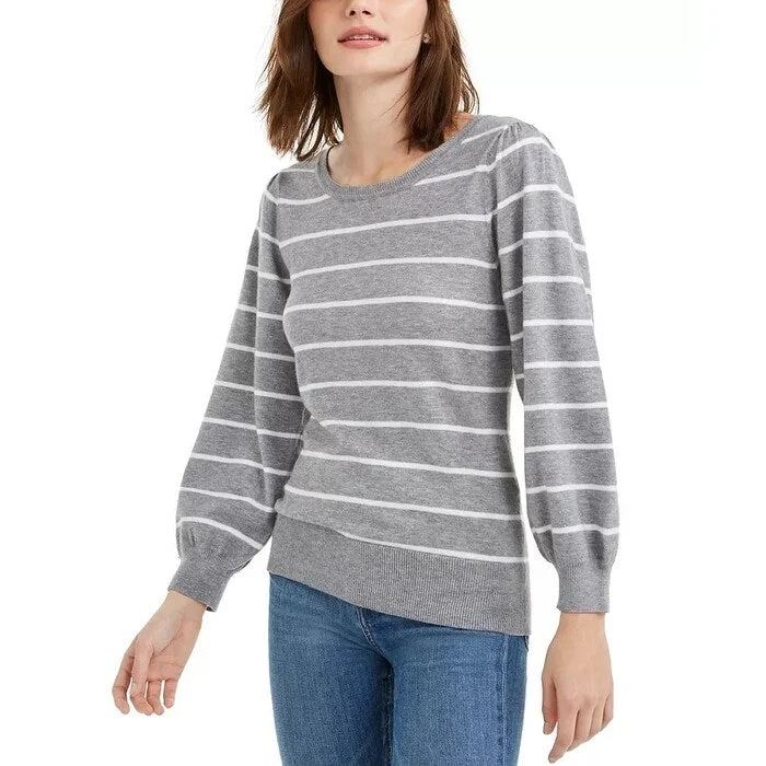 Maison Jules Women's Striped Puff Sleeve Sweater Grey Size Medium