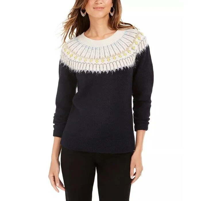 Style & Co Women's Beaded Fair-Isle Sweater Navy Size Medium