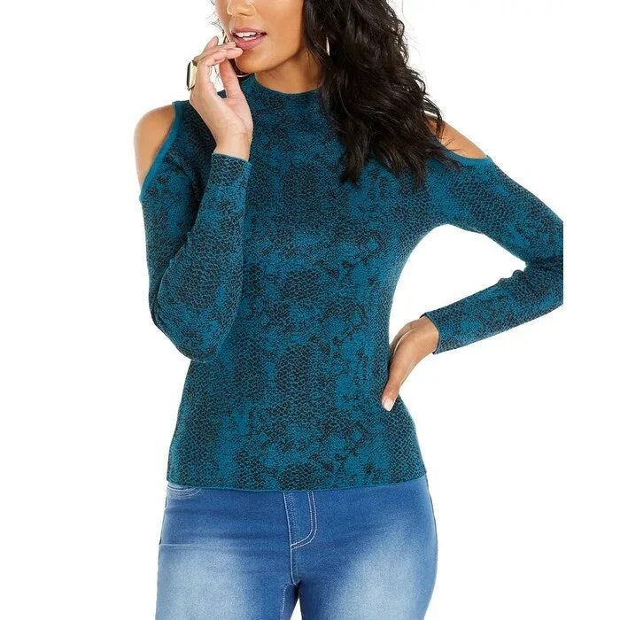 Thalia Sodi Women's Jacquard Cold-Shoulder Sweater Blue Size Large