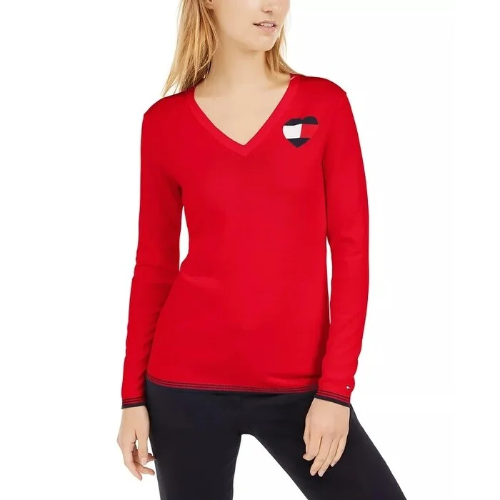 Tommy Hilfiger Women's Cotton Logo Heart Sweater Red Size X-Large