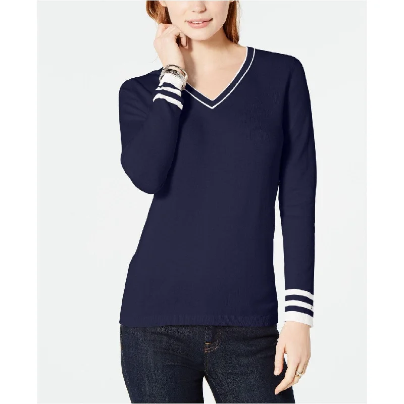 Tommy Hilfiger Women's Cotton Striped-Trim Sweater Blue Size L - Large