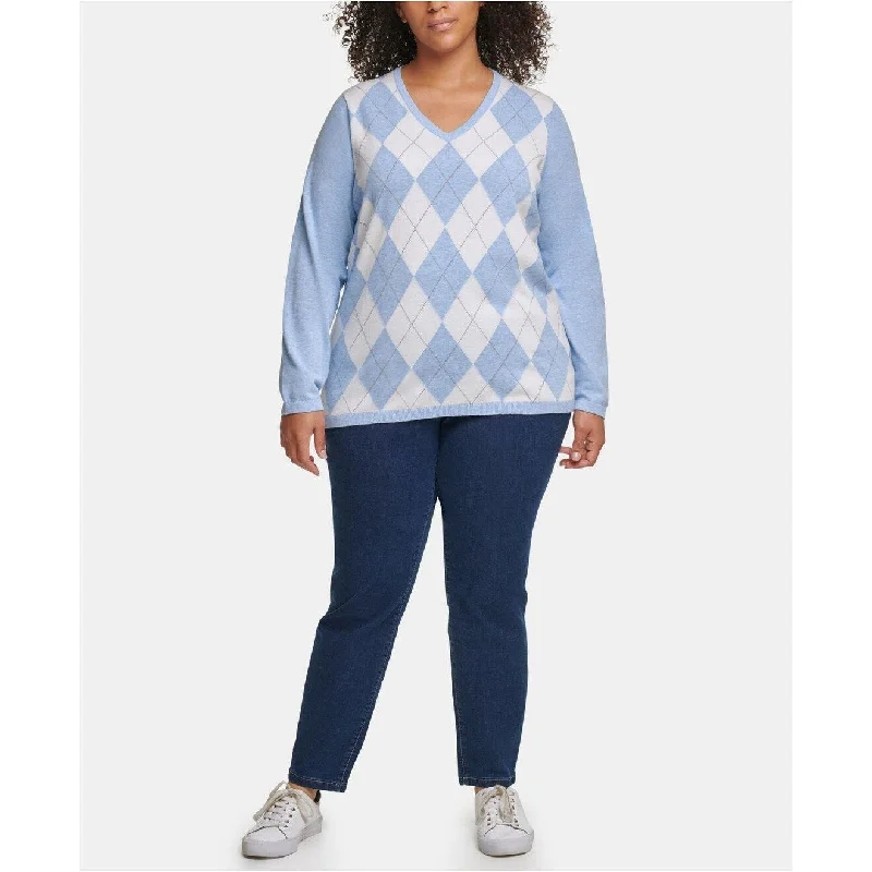 Tommy Hilfiger Women's Plus Size Ivy Cotton Argyle Sweater Blue Size 1X