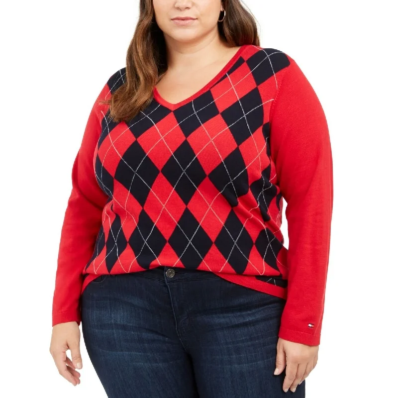 Tommy Hilfiger Women's Plus Size Ivy Cotton Argyle Sweater Red Size 2X