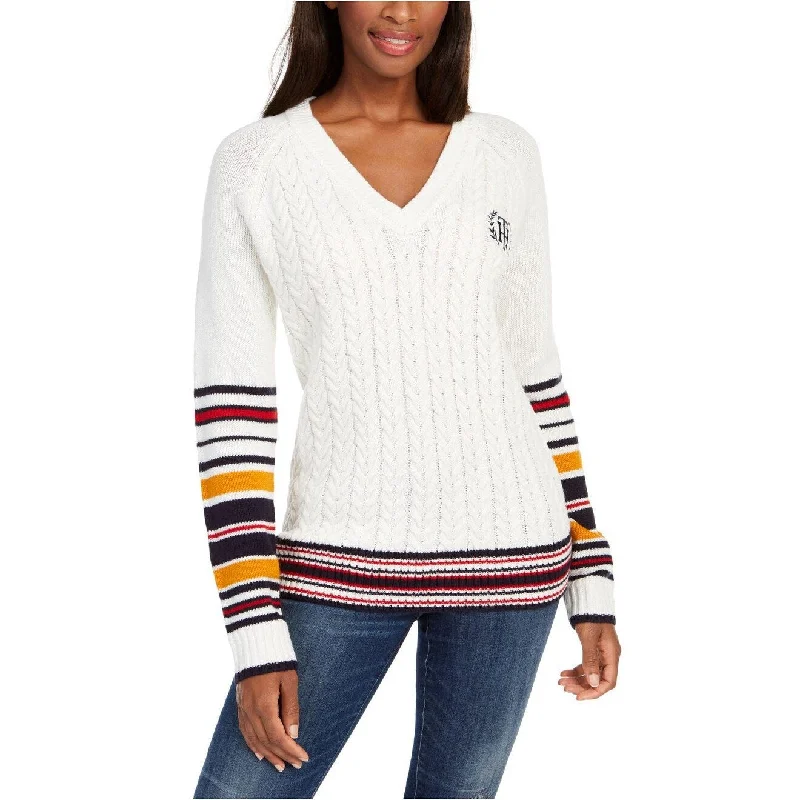 Tommy Hilfiger Women's Varsity Stripe Cable-Knit Sweater White Size Large