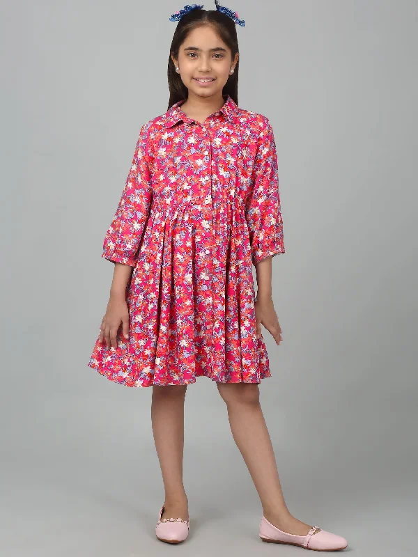 Girls Pink Above Knee Floral Printed Dress