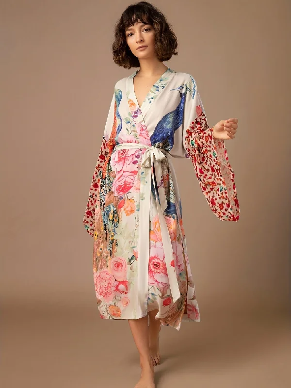 Soft and Flowing Peacock Print Dressing Gown