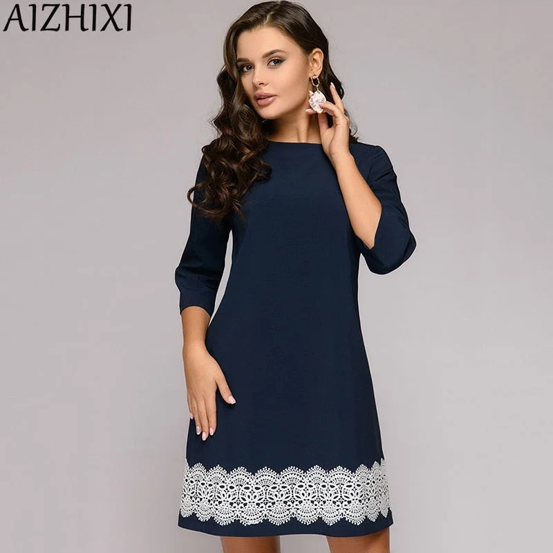 AIZHIXI Lace Trim 3/4 Sleeve Straight Dress Autumn Round Neck Casual Mini Women Dresses Navy Blue Elegant Office Lady Workwear