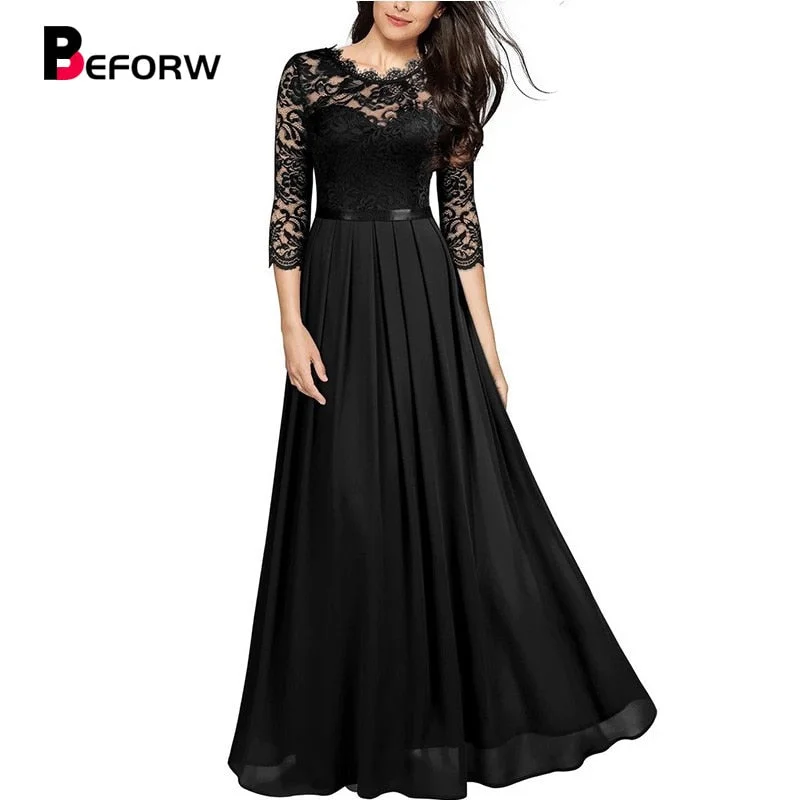 BEFORW 2020 Vintage Sexy Lace Women Party Long Dress Elegant Embroidered Hollow Out Chiffon Maxi Dresses Lady Chic Dress