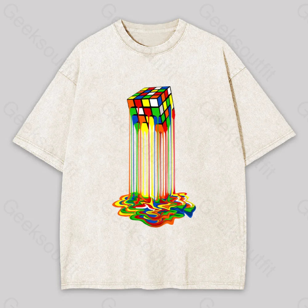 Rainbow Abstraction melted rubix cube Washed T-shirt