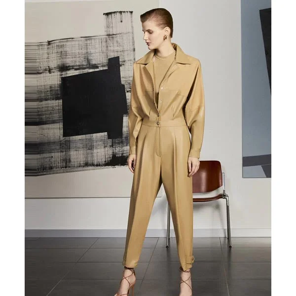 Women's Light Brown One Piece Leather Dress Jumpsuit