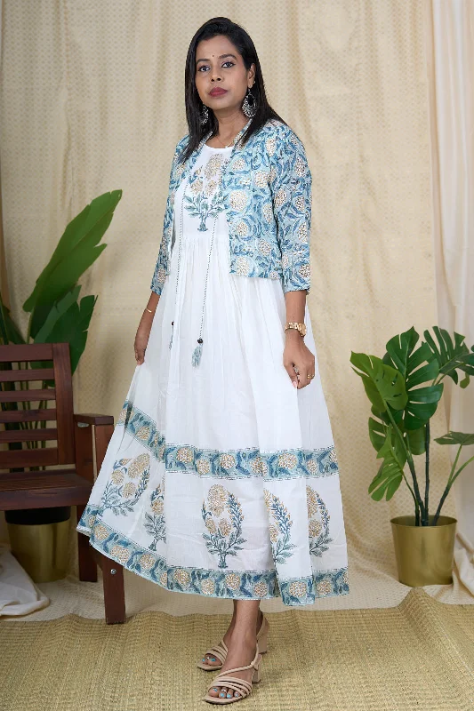 White Cotton Beach Dress with Hand Block Print and Jacket