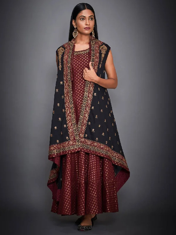 RI Ritu Kumar Black & Burgundy Tiered Dress With Jacket