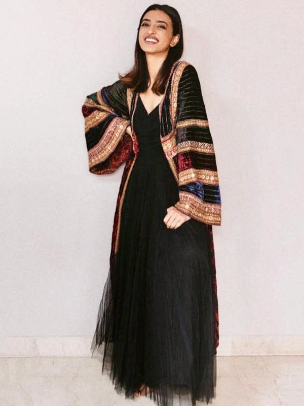 RI Ritu Kumar Burgundy & Black Dress with Embroidered Jacket