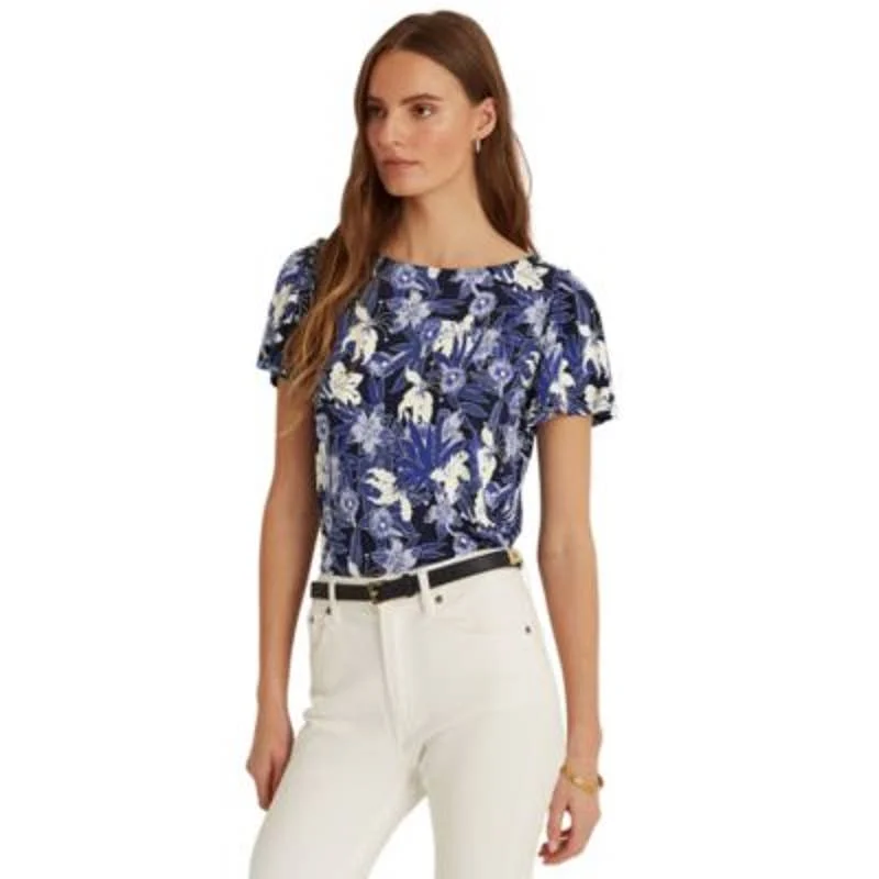 Lauren Ralph Lauren Floral Flutter Sleeve Tee Shirt, Navy Blue & Cream