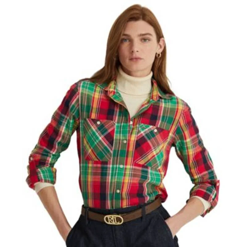 Lauren Ralph Lauren Women's Red Multi-Color Plaid Cotton Twill Shirt