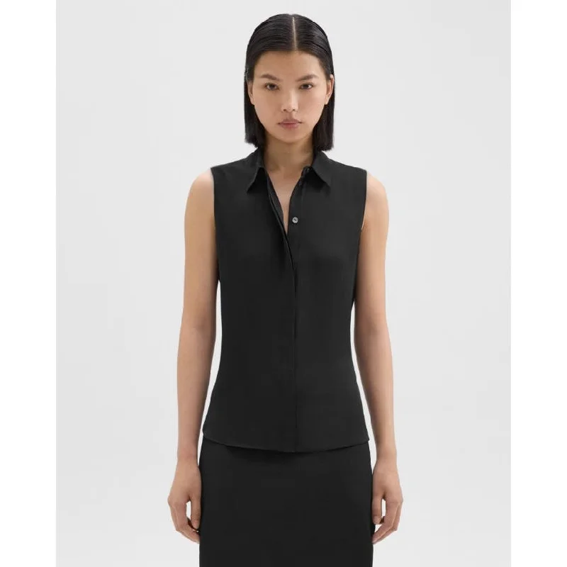 Theory Fitted Sleeveless Shirt in Silk Georgette Black, Size Large