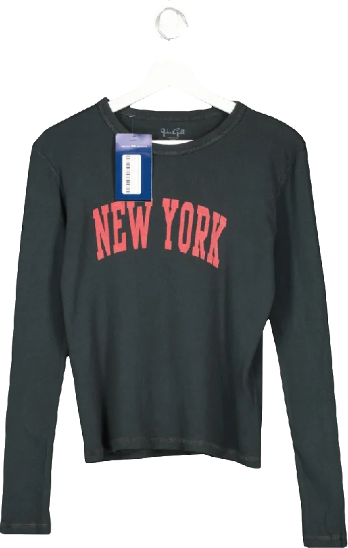 Brandy Melville Black New York Slogan Ribbed Long Sleeve T Shirt  UK 8-10 One Size