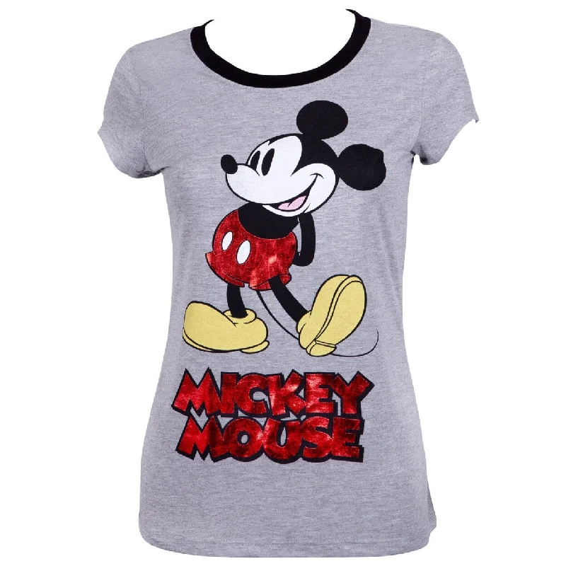 Mickey Mouse Ladies Red Foil Logo Grey Tee Shirt