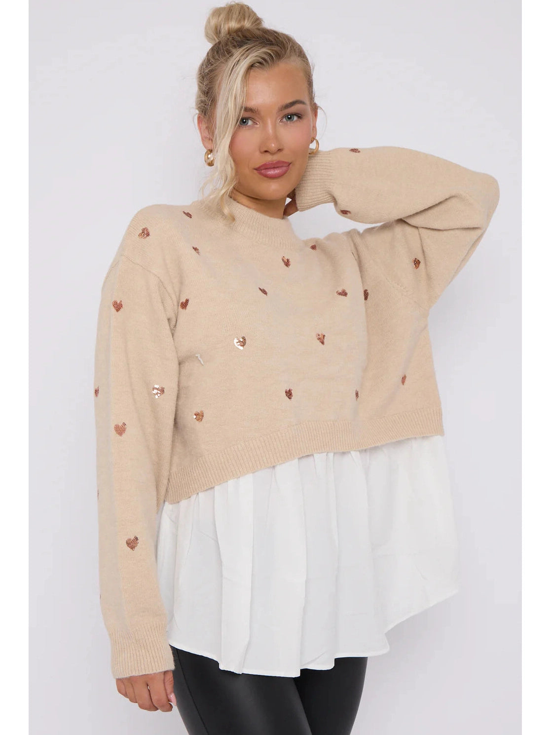 Phoebe Sequin Heart Embellished Jumper with Undershirt Detail