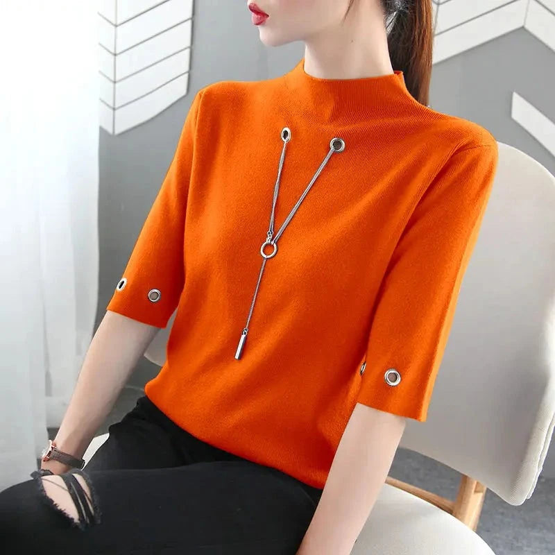 Sequined Pendant O Neck Half Sleeve T-Shirt