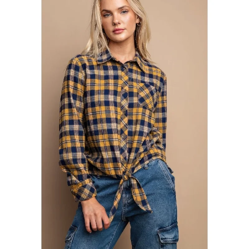 Tie Front Button Down Plaid Shirt With Front Pocket